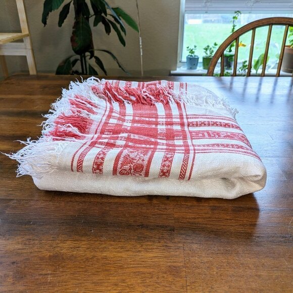 White & Red Linen Fringe Vintage Tablecloth - Picture 3 of 13